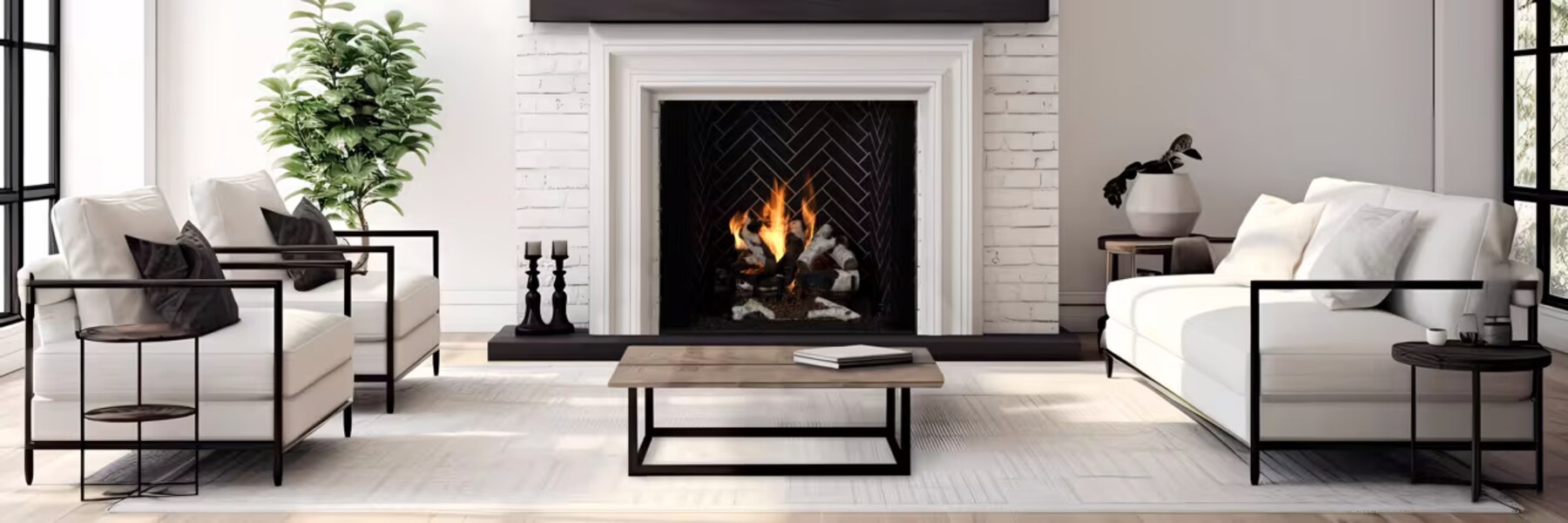 Traditional fireplace with a fire burning