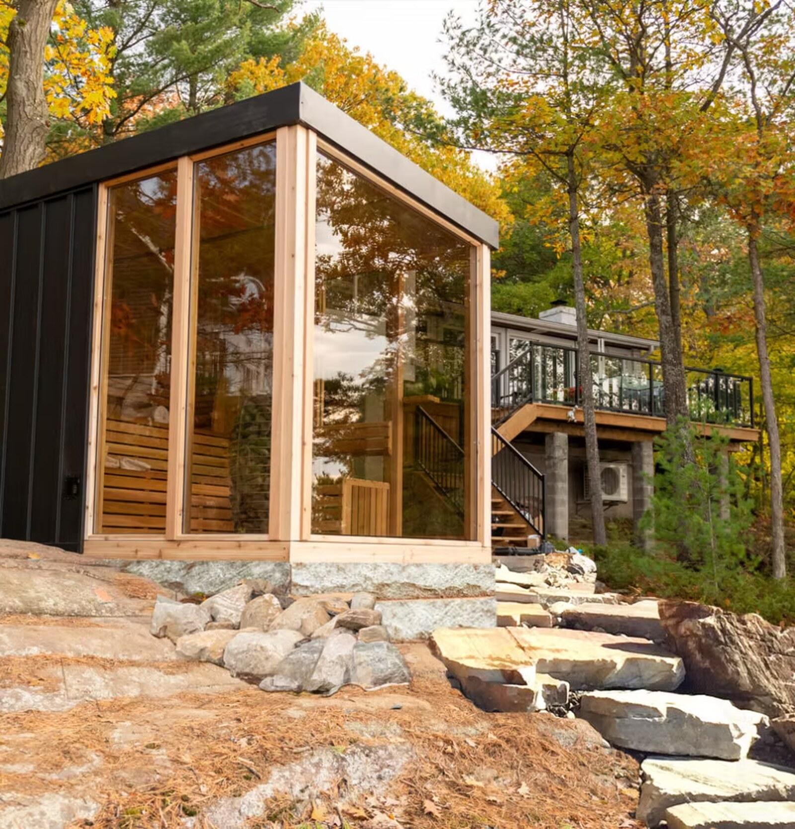 Modern outdoor cedar sauna