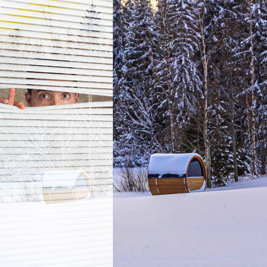 A Thermory barrel sauna outdoors in the snow